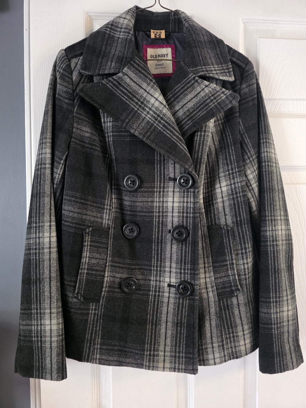 Old Navy Black & Gray Plaid Double-Breasted Peacoat